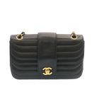 CHANEL Lamb Skin Double Flap Chain Shoulder Bag Black CC Auth 26207AV-13