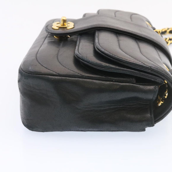 CHANEL Lamb Skin Double Flap Chain Shoulder Bag Black CC Auth 26207AV