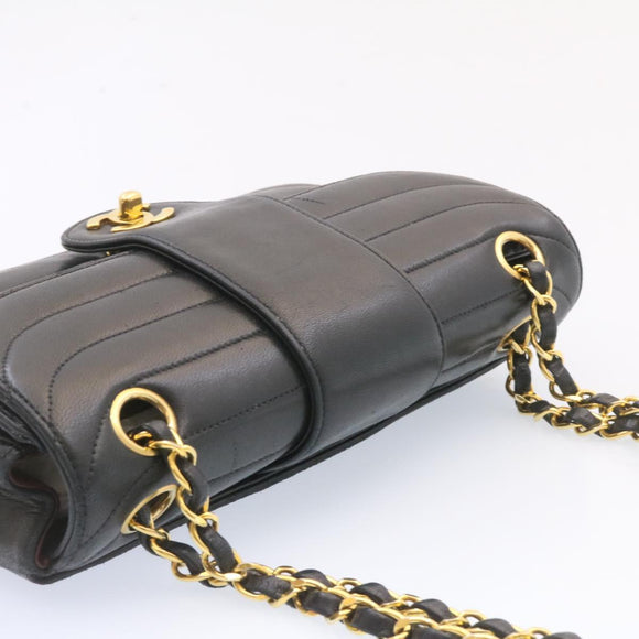 CHANEL Lamb Skin Double Flap Chain Shoulder Bag Black CC Auth 26207AV