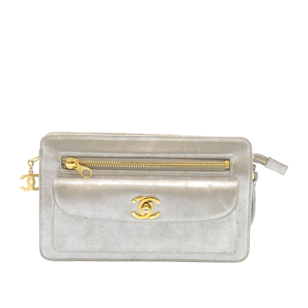 CHANEL Clutch Bag Leather Silver CC Auth 26857A