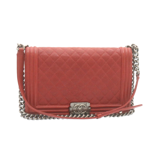 CHANEL Boy Chanel Matelasse Chain Flap Shoulder Bag Leather Red CC Auth 28281SAV