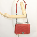 CHANEL Boy Chanel Matelasse Chain Flap Shoulder Bag Leather Red CC Auth 28281SAV-21
