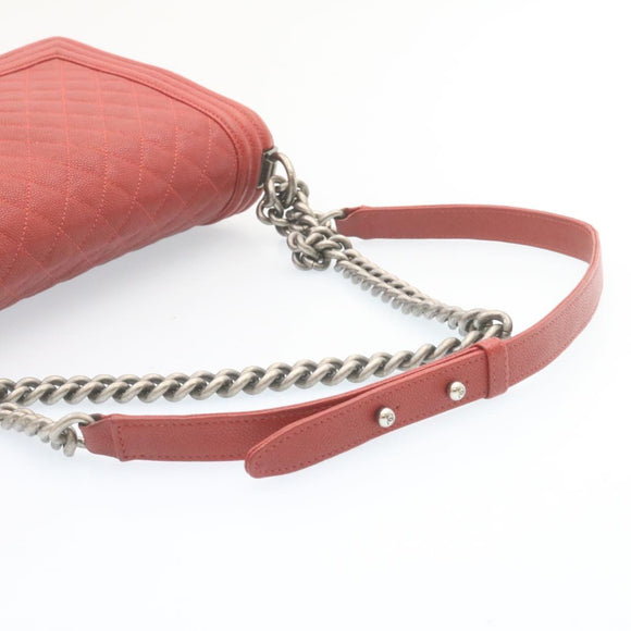 CHANEL Boy Chanel Matelasse Chain Flap Shoulder Bag Leather Red CC Auth 28281SAV