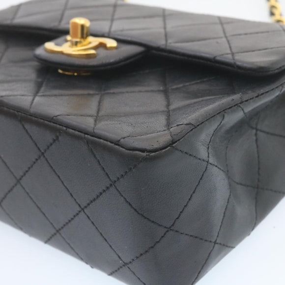 CHANEL Mini Matelasse Chain Flap Shoulder Bag Lamb Skin Black Gold Auth 28471AM