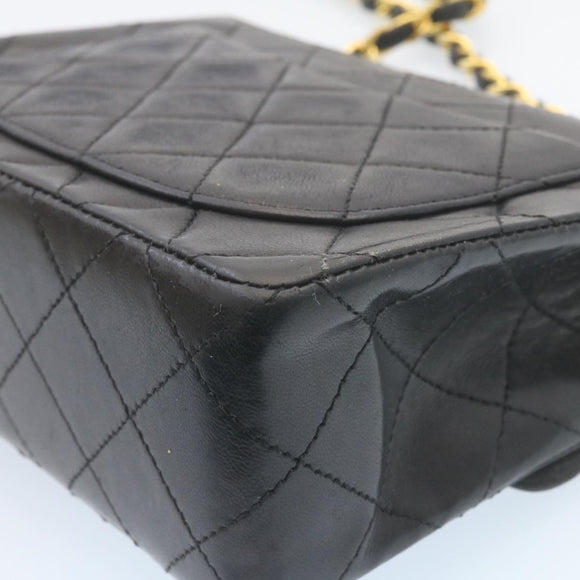 CHANEL Mini Matelasse Chain Flap Shoulder Bag Lamb Skin Black Gold Auth 28471AM