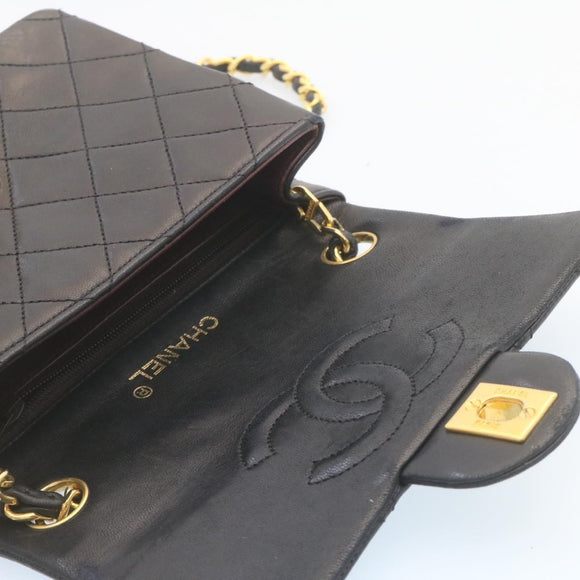 CHANEL Mini Matelasse Chain Flap Shoulder Bag Lamb Skin Black Gold Auth 28471AM