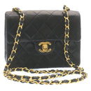 CHANEL Mini Matelasse Chain Flap Shoulder Bag Lamb Skin Black Gold Auth 28471AM-1