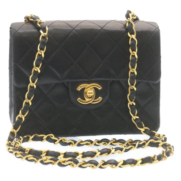 CHANEL Mini Matelasse Chain Flap Shoulder Bag Lamb Skin Black Gold Auth 28471AM