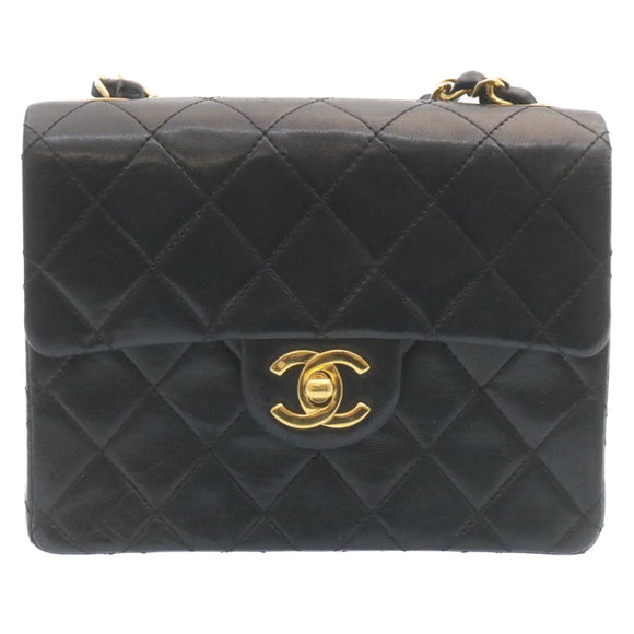 CHANEL Mini Matelasse Chain Flap Shoulder Bag Lamb Skin Black Gold Auth 28471AM