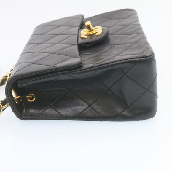 CHANEL Mini Matelasse Chain Flap Shoulder Bag Lamb Skin Black Gold Auth 28471AM