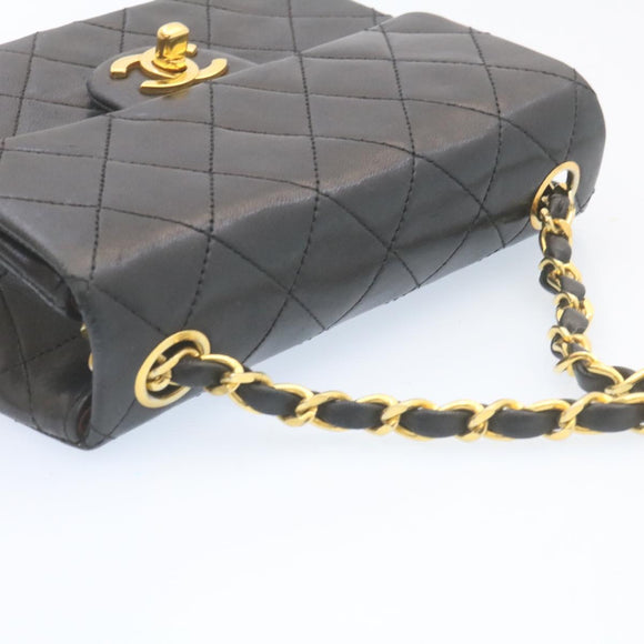 CHANEL Mini Matelasse Chain Flap Shoulder Bag Lamb Skin Black Gold Auth 28471AM