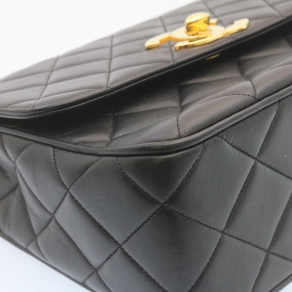 CHANEL Matelasse Chain Flap Shoulder Bag Lamb Skin Black Gold CC Auth 28632SAV