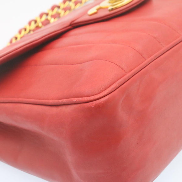CHANEL Mademoiselle Big Coco Double Chain Shoulder Bag Lamb Skin Red Auth 29129V