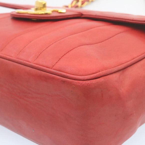 CHANEL Mademoiselle Big Coco Double Chain Shoulder Bag Lamb Skin Red Auth 29129A