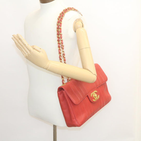 CHANEL Mademoiselle Big Coco Double Chain Shoulder Bag Lamb Skin Red Auth 29129V