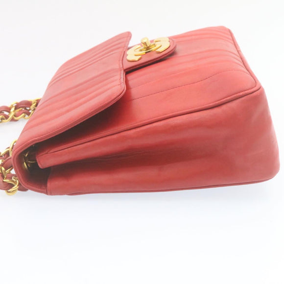 CHANEL Mademoiselle Big Coco Double Chain Shoulder Bag Lamb Skin Red Auth 29129A