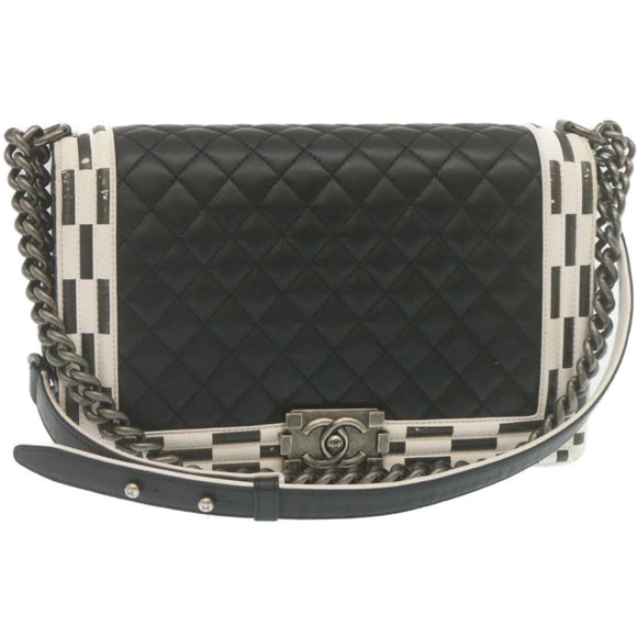 CHANEL Matelasse Boy Chanel Chain Shoulder Bag Lamb Skin Black CC Auth 29190SAM