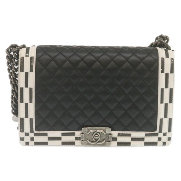 CHANEL Matelasse Boy Chanel Chain Shoulder Bag Lamb Skin Black CC Auth 29190SAM