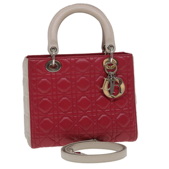 Christian Dior Lady Cannage Medium Hand Bag Lamb Skin Red White Auth 29502SAV