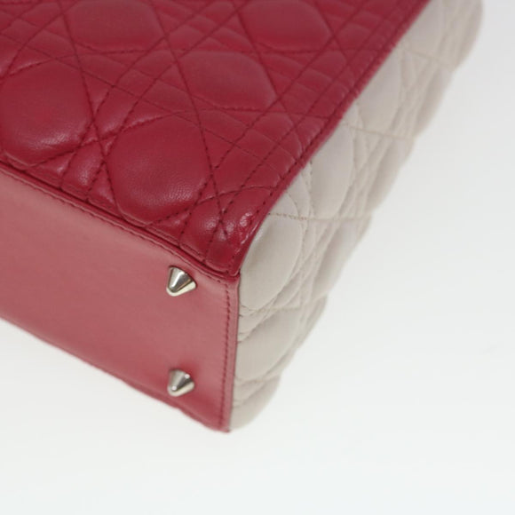 Christian Dior Lady Cannage Medium Hand Bag Lamb Skin Red White Auth 29502AV