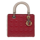 Christian Dior Lady Cannage Medium Hand Bag Lamb Skin Red White Auth 29502SAV-13