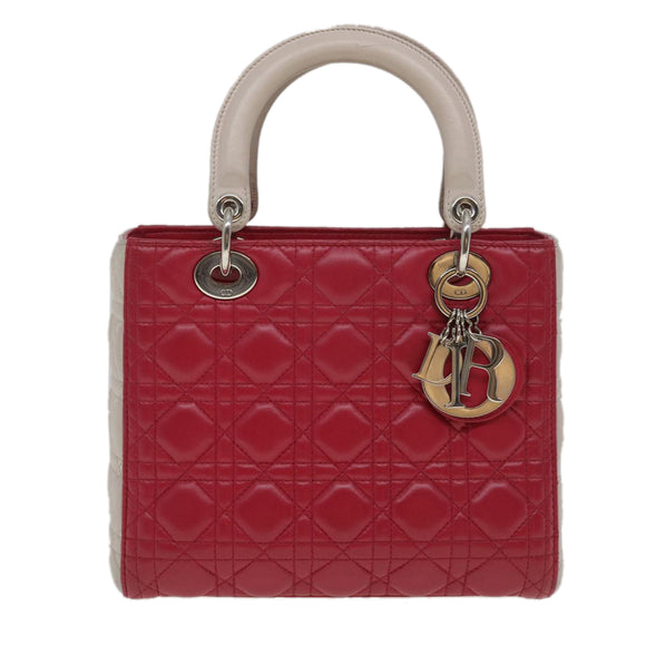 Christian Dior Lady Cannage Medium Hand Bag Lamb Skin Red White Auth 29502SAV