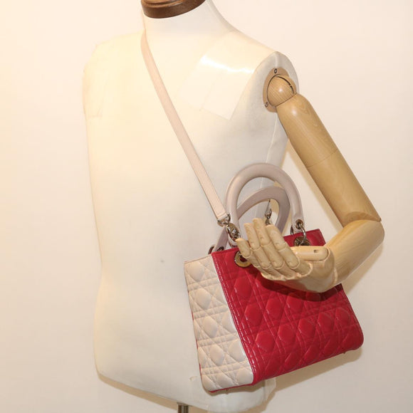 Christian Dior Lady Cannage Medium Hand Bag Lamb Skin Red White Auth 29502SAV