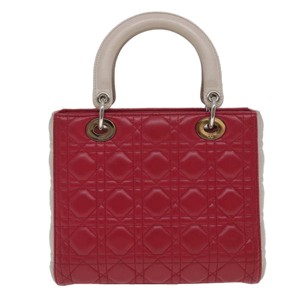 Christian Dior Lady Cannage Medium Hand Bag Lamb Skin Red White Auth 29502AV