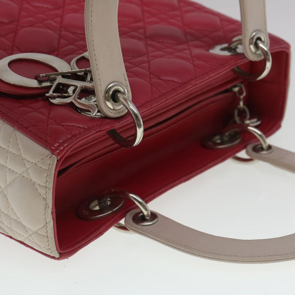 Christian Dior Lady Cannage Medium Hand Bag Lamb Skin Red White Auth 29502SAV