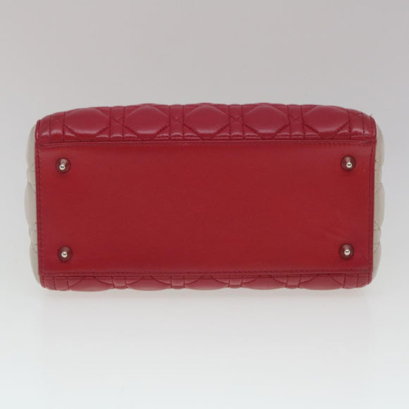 Christian Dior Lady Cannage Medium Hand Bag Lamb Skin Red White Auth 29502AV