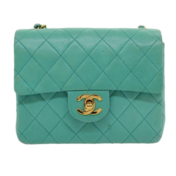CHANEL Mini Matelasse 17 Flap Chain Bag Lamb Skin Light Blue CC Auth 29527A