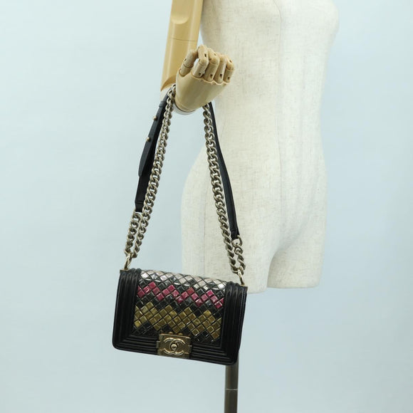 CHANEL Chain Boy Chanel Shoulder Bag Tile Black Multicolor CC Auth 29551A