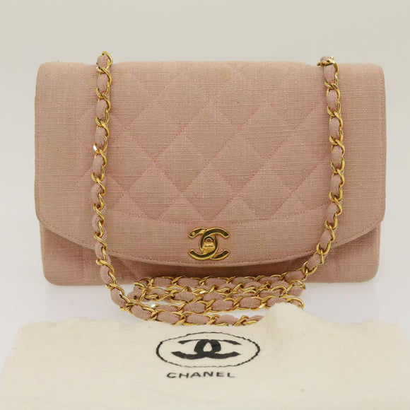 CHANEL Matelasse Turn Lock Chain Diana Shoulder Bag Canvas Pink CC Auth 29889AV