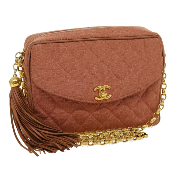 CHANEL Diana Turn Lock Chain Schoudertas Linnen Franjes Roze CC Auth 30153A