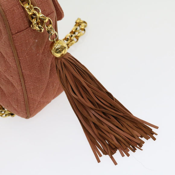 CHANEL Diana Turn Lock Chain Schoudertas Linnen Franjes Roze CC Auth 30153A