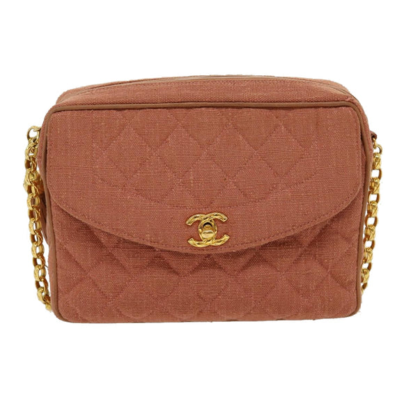CHANEL Diana Turn Lock Chain Schoudertas Linnen Franjes Roze CC Auth 30153A