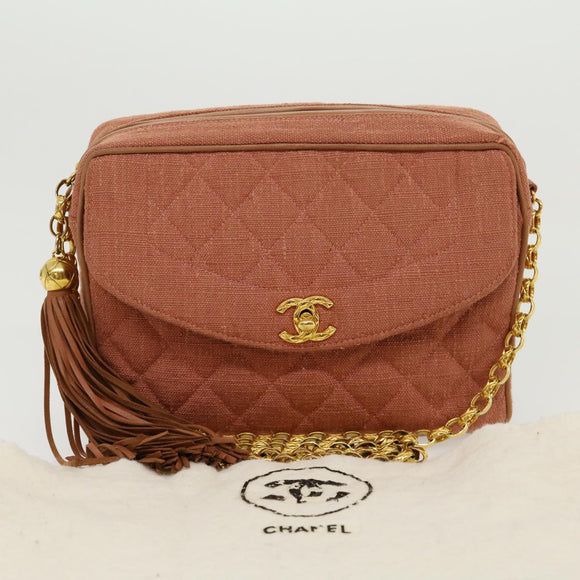 CHANEL Diana Turn Lock Chain Schoudertas Linnen Franjes Roze CC Auth 30153A