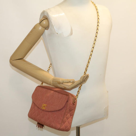 CHANEL Diana Turn Lock Chain Schoudertas Linnen Franjes Roze CC Auth 30153A