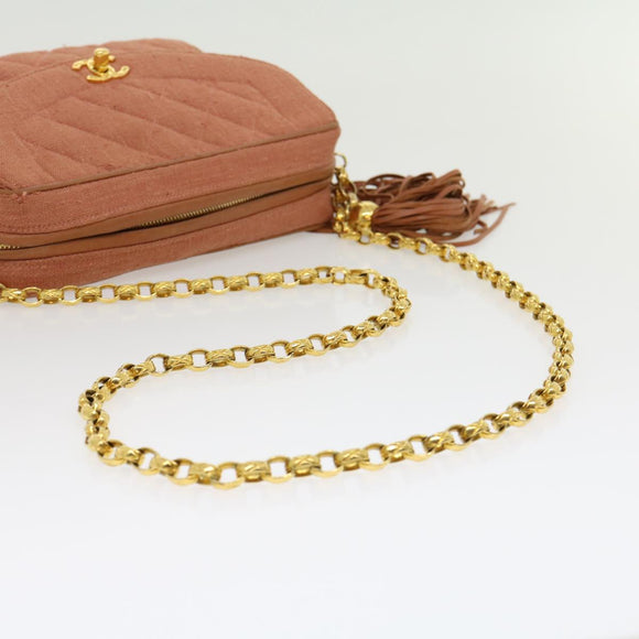 CHANEL Diana Turn Lock Chain Schoudertas Linnen Franjes Roze CC Auth 30153A