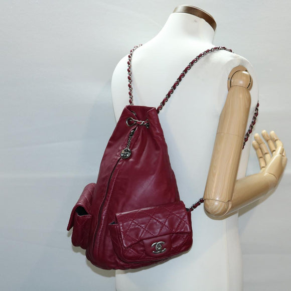 CHANEL Matelasse Chain Backpack Lamb Skin Bordeaux CC Auth 30736SAV