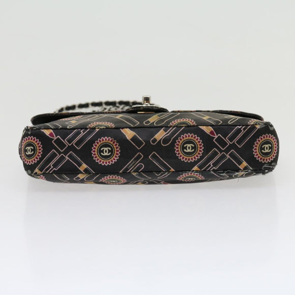 CHANEL Lip Chain Turn Lock Shoulder Bag Satin Black CC Auth 30892