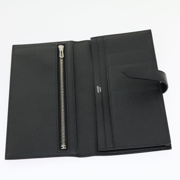 HERMES Bean souffl Long Wallet SilverMetal Black Auth 30947SM