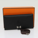 HERMES Bean souffl Long Wallet SilverMetal Black Auth 30947SM-12
