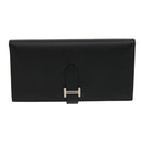 HERMES Bean souffl Long Wallet SilverMetal Black Auth 30947SM-13