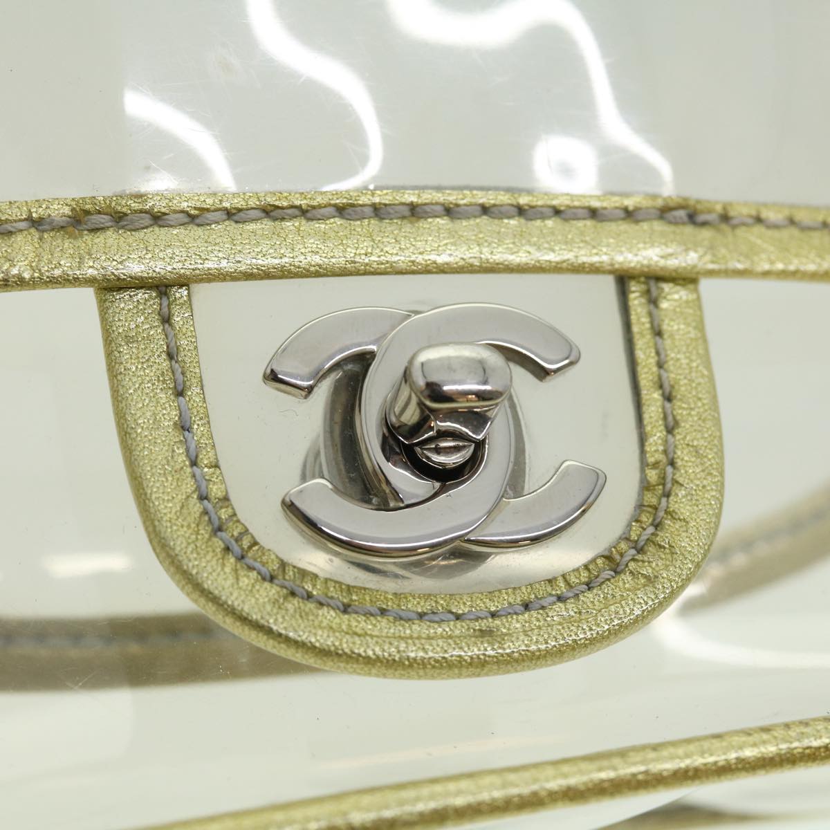 CHANEL Turn Lock Chain Shoulder Bag Vinyl Leather Clear Gold CC Auth 31781