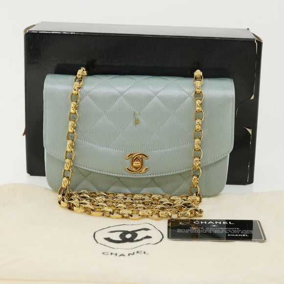 CHANEL Diana Matelasse Shoulder Bag Satin Light Blue CC Auth 33325AV