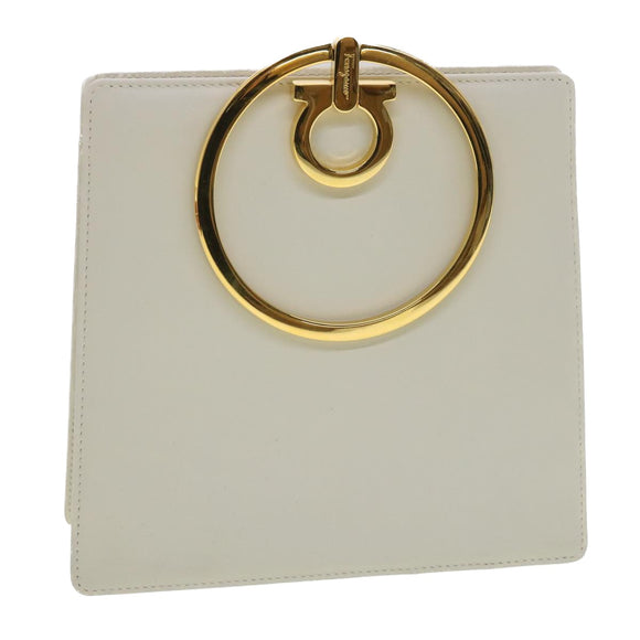 Salvatore Ferragamo Gancini Hand Bag Leather White Gold Tone Auth 34202AV