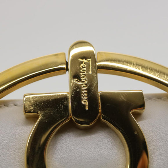 Salvatore Ferragamo Gancini Hand Bag Leather White Gold Tone Auth 34202AV