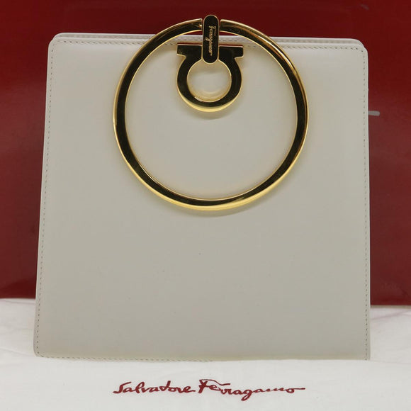 Salvatore Ferragamo Gancini Hand Bag Leather White Gold Tone Auth 34202AV