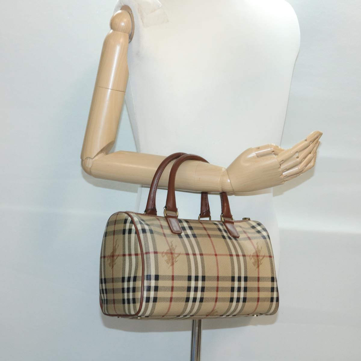 BURBERRY Nova Check Hand Bag PVC Leather Beige Auth 37970